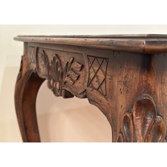 French Provincial Parquetry Side Table With Inlaid Top — 26" Square For Sale In New York - Image 6 of 9