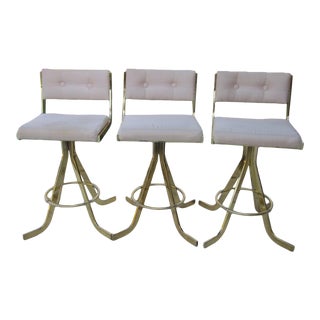 Milo Baughman Style Polished Brass Bar Stools - Set of 3 For Sale