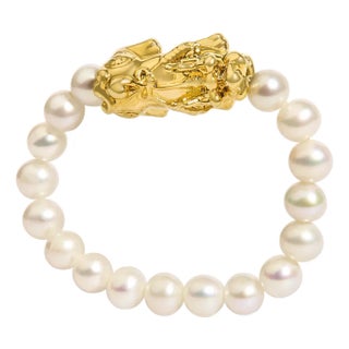 18K Yellow Gold Freshwater Pearl Dragon Charm Adjustable Ring Band, Size 7 For Sale