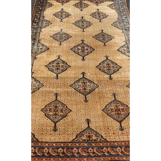 Tribal Antique Persian Serab Gallery With Tribal Geometric Design in Camel, Green, Blue For Sale - Image 3 of 11
