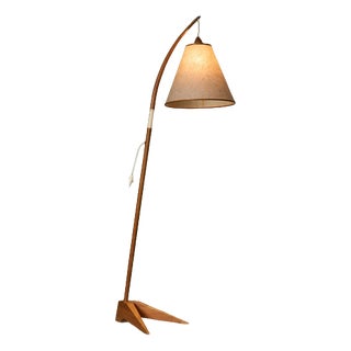 Scandinavian Floor Lamp with Wooden Stem and Fiberglass Shade For Sale