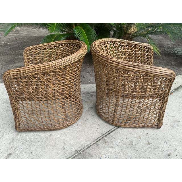 Boho Chic French Style All Weather Woven Rattan Barrel Back Chairs a Pair For Sale - Image 3 of 11