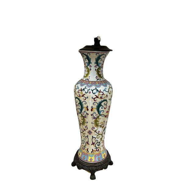 Chinese 1970s Bombay Table Lamps Porcelain White Floral Oriental Accent Fringe Shades Set of 2 For Sale - Image 3 of 17