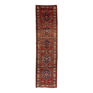 Mid-Century Vintage Turkish Anatolian Hand-Knotted Wool Runner Rug in Terracotta & Indigo For Sale