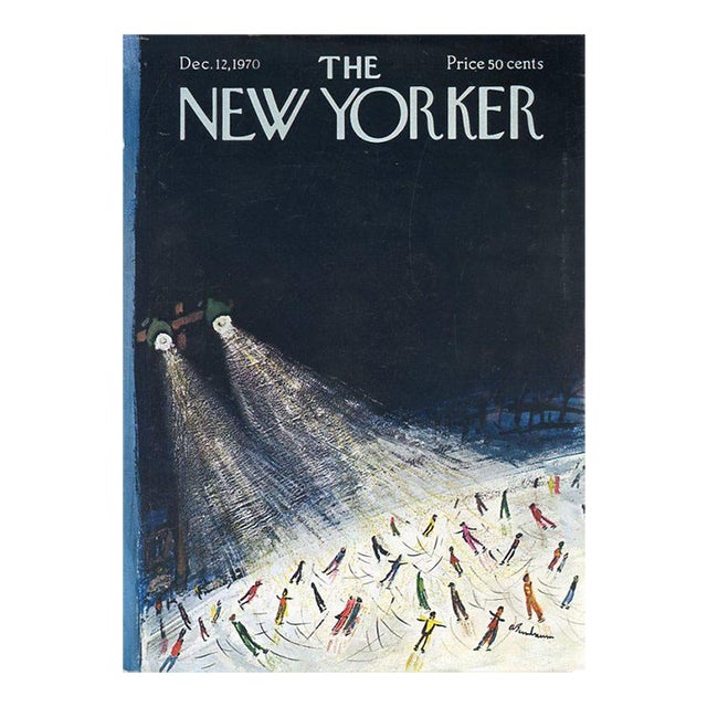 1970 Vintage New Yorker Cover, December 12, Abe Birnbaum Cover Illustration, Winter Sports, Skating For Sale