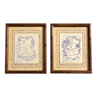 1980’s Original Wayne Cunningham Abstract Blue Ink Drawings Vintage Frames-A Pair For Sale