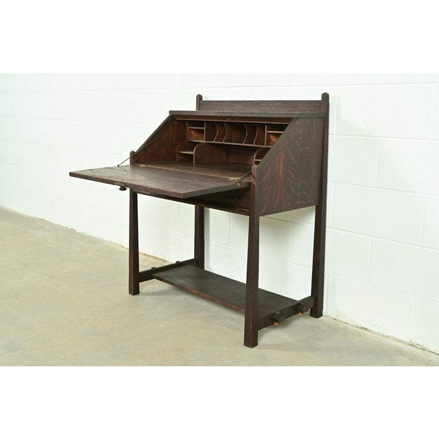 Early 20th Century Stickley Brothers Style Antique Mission Oak Arts & Crafts Drop Front Secretary Desk, Circa 1910 For Sale - Image 5 of 14