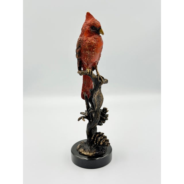 1980s Brass Scarlet Solstice Red Cardinal Perched With Pinecones Figurine Sculpture For Sale - Image 5 of 8
