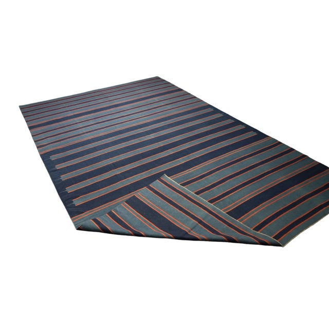 1950s Vintage Dhurrie Rug in Bluewith Stripes, From Rug & Kilim For Sale - Image 5 of 5