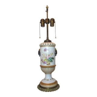 Rare Antique 1800's Hand Painted Pottery Brass Porcelain Electrified Oil Lamp For Sale