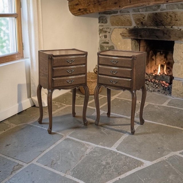 Pair Vintage Country French Nightstands ~ End Tables is a charming duo crafted in solid oak through and through, and...