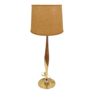Vintage Scandinavian Walnut and Brass Tulip Lamp With Shade For Sale