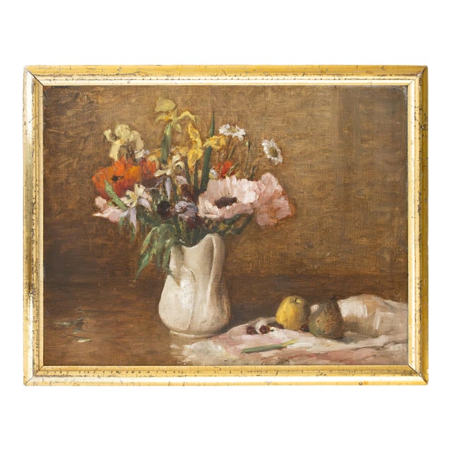 Ironstone Vase With Poppies, Pears Painting - Still Life, Oil on Canvas For Sale