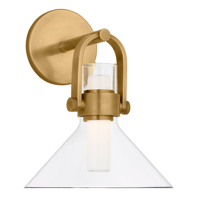 Ian K. Fowler for Visual Comfort Signature Larkin Small Empire Bracketed Sconce in Hand-Rubbed Antique Brass with Clear Glass For Sale