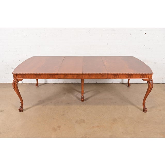French Provincial Romweber Antique Chippendale Burl Wood Extension Dining Table, Newly Refinished For Sale - Image 3 of 14