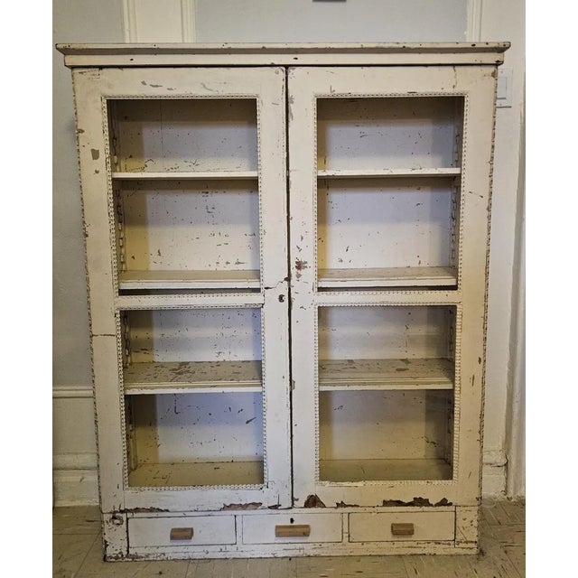 White Antique French Hand-Painted Bookcase/Cabinet - Distressed White, Beaded Trim, Double Door For Sale - Image 8 of 8
