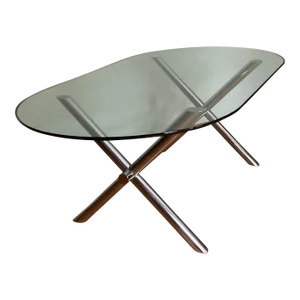 Mid Century Italian Chrome X-Base Trestle Dining Clear Glass Top Table. Italy C. 70's