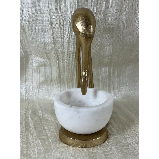 Palm Beach Style Gold Heron Accent Sculpture With Marble Bowl For Sale - Image 4 of 10