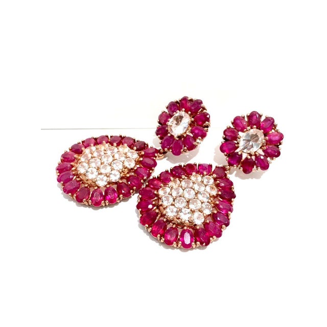 Natural Ruby & White Sapphire "Bochic" Earrings Set In 18K Gold & Silver For Sale - Image 4 of 7