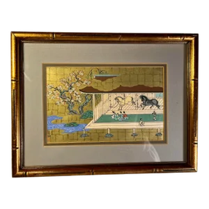 Mid-Century Gold Gilt Japanese Equestrian Horses Woodblock Print Signed & Stamped