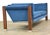A mid century modern walnut and chrome sofa reupholstered in blue velvet. Professionally refinished. Seat height is 17.5”....