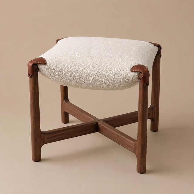 Handmade Black Walnut Footstool — Foot Rest Ottoman With Bouclé Cushion & Leather Straps For Sale - Image 4 of 5