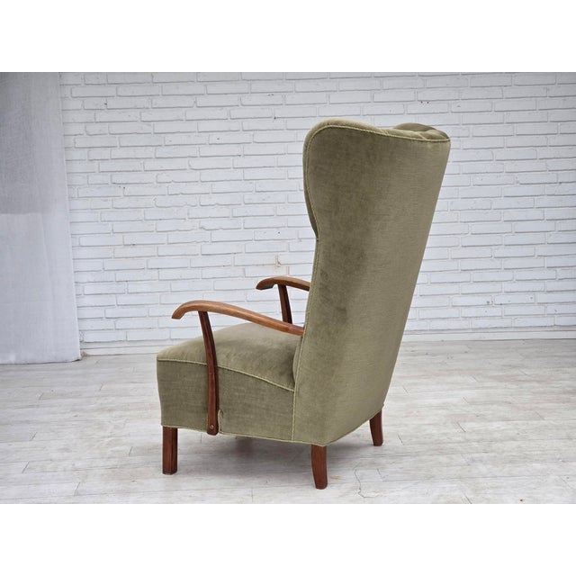 1960s Danish Oak Highback Armchair with Velour Upholstery, 1960s For Sale - Image 5 of 18
