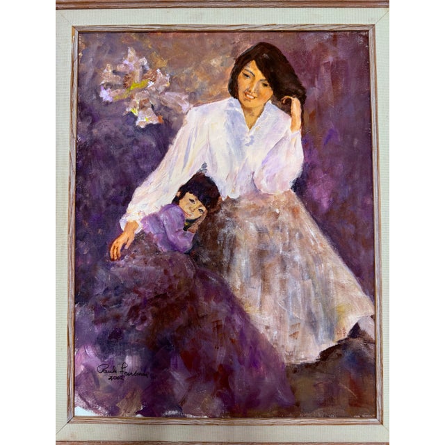 Vintage Mother and Daughter Framed Purple Floral Portrait Painting, Signed For Sale - Image 4 of 6