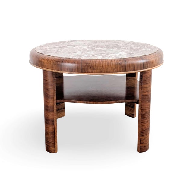 Wood Vintage Round Walnut and Marble Coffee Table, 1950s For Sale - Image 7 of 7