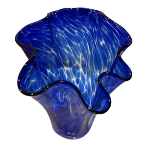 Vintage MCM Murano Style Cobalt Blue Swirl Pattern Ruffled Rim Art Glass Vase