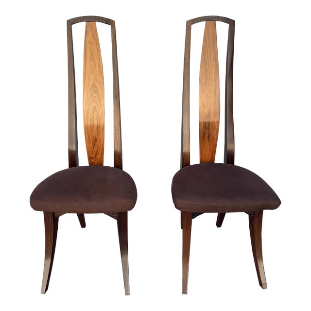 1985 Pair of Jeffrey Greene Palm and Mahogany High Back Dining Chairs For Sale
