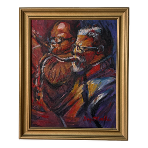 1990’s Vintage “Jazz Duet” Figurative Oil Painting on Masonite Board - Framed