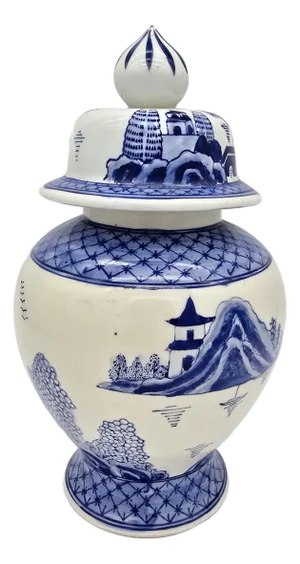 Vintage Seymour Mann Hong Kong Old Canton Hand Painted Blue & White Porcelain Ginger Jar