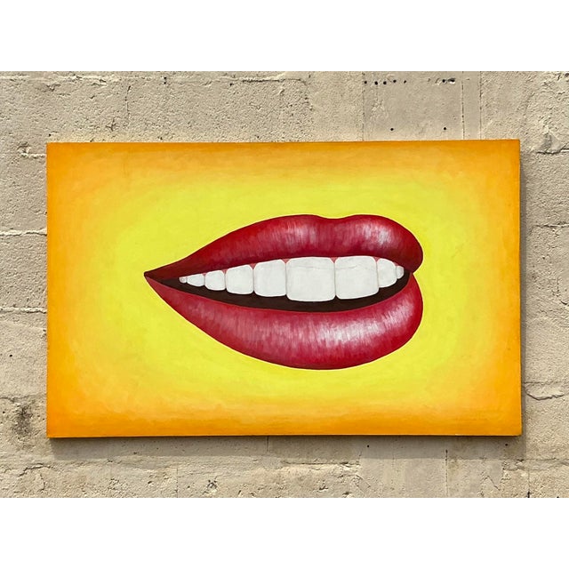 Mid-Century Modern Late 20th Century Vintage Boho Original Lips Oil Painting on Canvas For Sale - Image 3 of 10