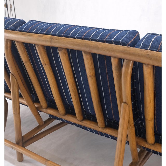1970s Striped Blue Upholstery Bamboo Frame Mid Century Modern Sofa MINT! For Sale - Image 17 of 17