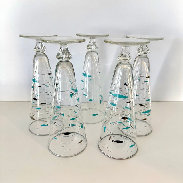 1960s Mid-Century Modern Atomic Fish Pilsner Beer Glasses, Libbey Glasses; Turquoise and Black W Platinum Trim; Set of 5 For Sale - Image 14 of 16