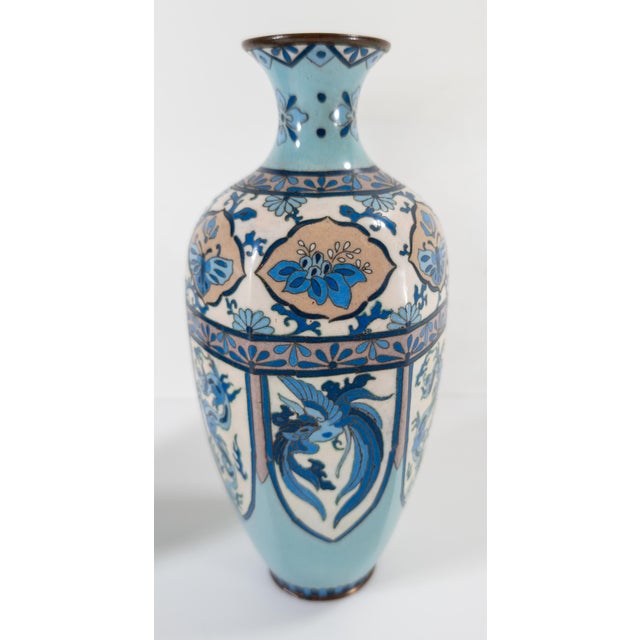 Blue Early 20th Century Pair of Japanese Cloisonne Enamel Vases For Sale - Image 8 of 9