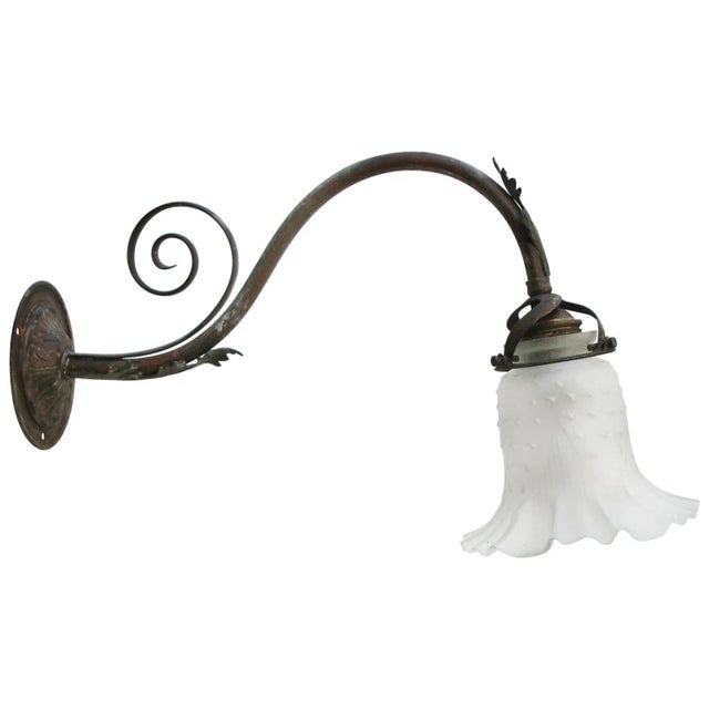 Metal Art Nouveau French Brass & Frosted Glass Wall Lamp For Sale - Image 7 of 7