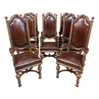Carved Oak High Back Chairs, 1900, Set of 8 For Sale