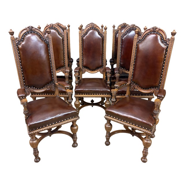Carved Oak High Back Chairs, 1900, Set of 8 For Sale