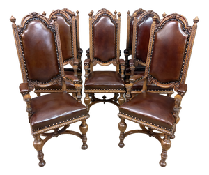 Carved Oak High Back Chairs, 1900, Set of 8