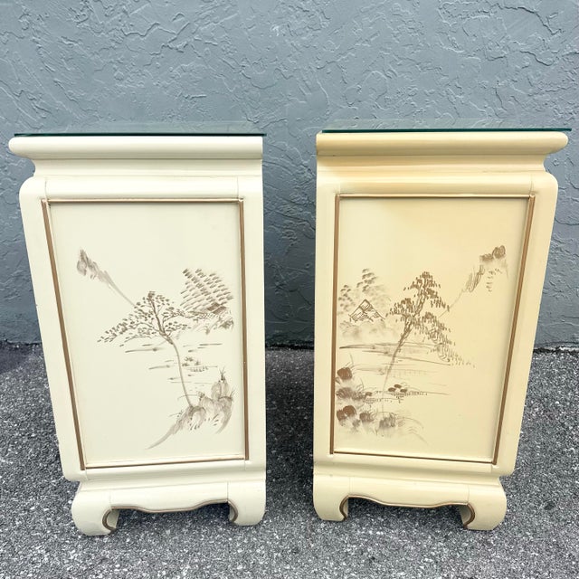 Mid 20th Century Vintage Chinese Hand Painted Cream and Gold Glass Top Nightstands/Cabinets - A Pair For Sale - Image 5 of 12