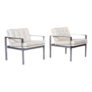 Mid Century Lounge Chairs With New Off White Leather Attrib to Harvey Probber - Pair