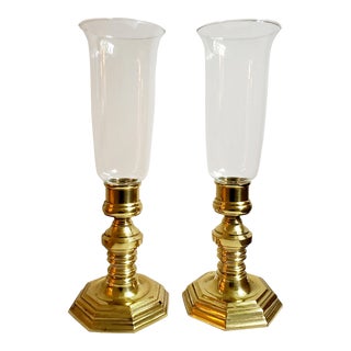 Vintage Brass and Glass Hurricane Candleholders - a Pair For Sale