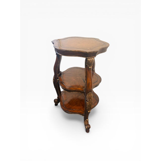 Hollywood Regency Vintage Three-Tier Accent Table With Carved Details and Gilt Accents For Sale - Image 3 of 10