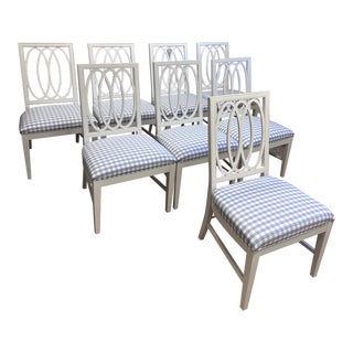 Thomasville White Dining Chairs With Schumacher Elton Check Upholstered Seats, Set of 8 For Sale