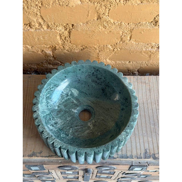 Modern Green Marble Fluted Vessel Sink, Round Countertop Vanity Basin For Sale - Image 10 of 10
