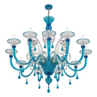 Turquoise and Crystal Murano Glass 12-Light Chandelier, 1980s For Sale