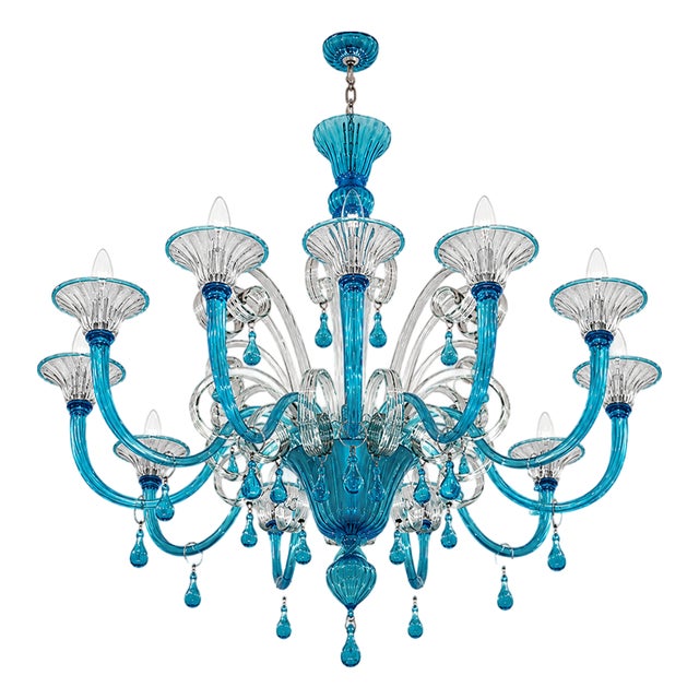 Turquoise and Crystal Murano Glass 12-Light Chandelier, 1980s For Sale