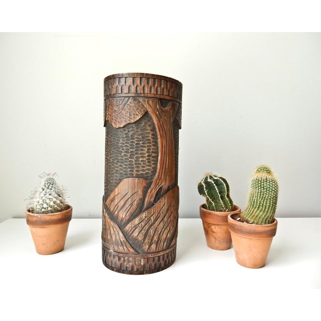 Antique Bamboo Vase, Japanese Brush Holder, Carved Wood Vase, Samurai